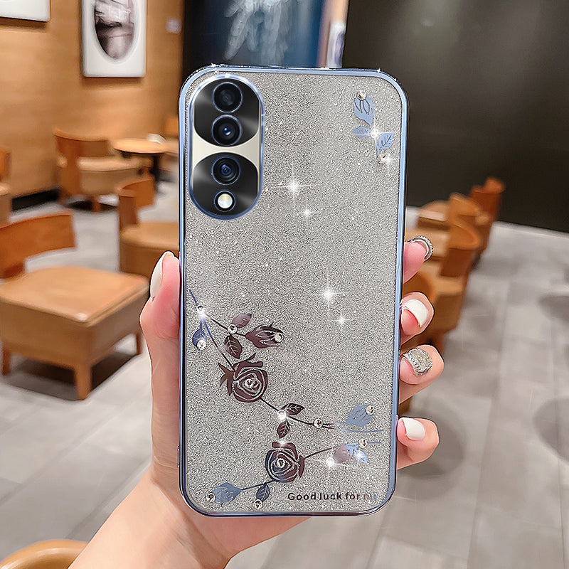 For Honor 70 Pro 5G Flower Pattern Decor Rhinestone Anti-drop Mobile Phone Case Electroplating Glitter Powder Soft TPU Protective Back Cover For Honor 70 Pro 5G Flower Pattern Decor Rhinestone Anti-drop Mobile Phone Case Electroplating Glitter Powder Soft TPU Protective Back Cover